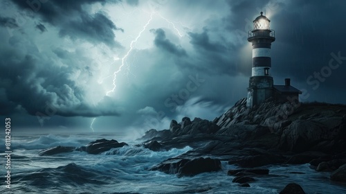 A lighthouse in thunder storm with lightning bolt strike and cloud.