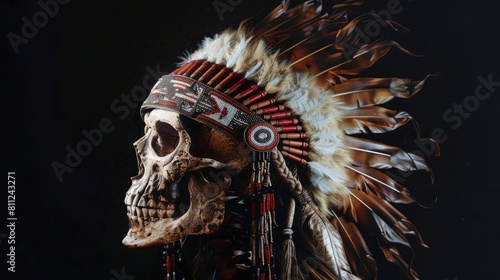 a skull wearing an indian headdress on black background realistic