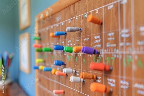 Bulletin board displaying homeschooling schedule with colorful markers arranged on top, A homeschooling schedule or calendar displayed on a bulletin board with colorful markers