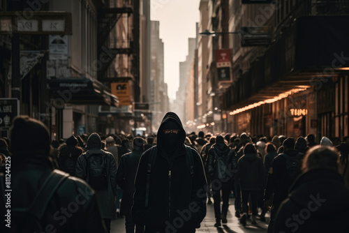 A man in a hoodie casually strolling down a city street