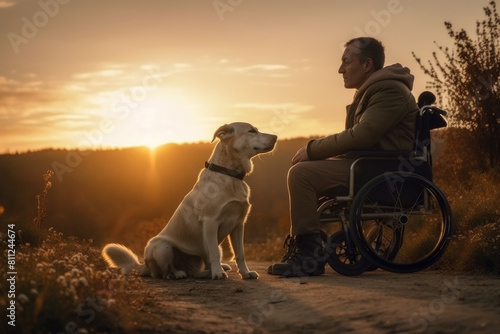 A man in a wheelchair is sitting beside a dog, both looking towards the camera