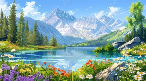 Beautiful landscape vector illustration. Beautiful landscape of mountains, mountain lake, forests and meadows with flowers. Beautiful landscape for printing. hyper realistic 