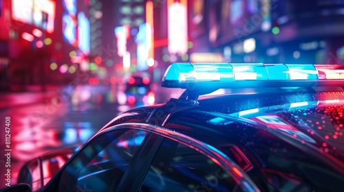 Blue and red light flasher atop of a police car. City lights on the background. hyper realistic 