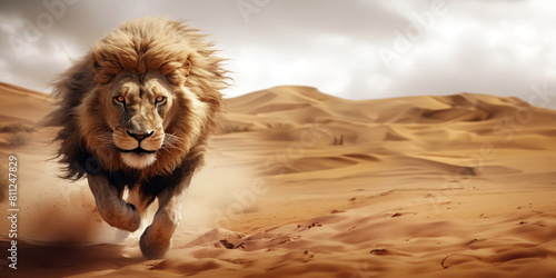 L'attaque d'un lion majestueux courant dans un désert de sable, chassant une proie et soulevant de la poussière, image avec espace pour texte. 