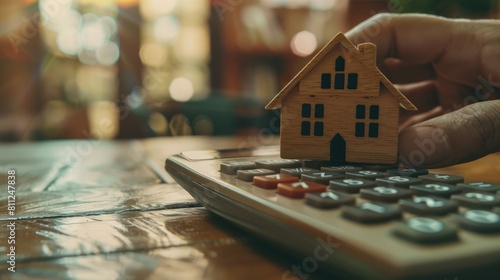 Calculators pressed by hand, aiming for home refinance. Wooden house model, buy or rent note. Concept of saving for property, strategic mortgage payment. Tax, credit analysis for financial success.