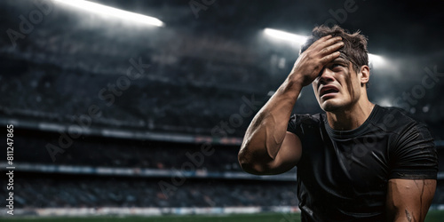 Un joueur de rugby portant un maillot noir, triste, la main sur le visage, après la défaite de son équipe, image avec espace pour texte.