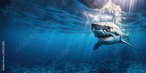 Un grand requin blanc nageant dans une eau peu profonde, chassant une proie, les rayons du soleil traversant l'océan, image avec espace pour texte.
