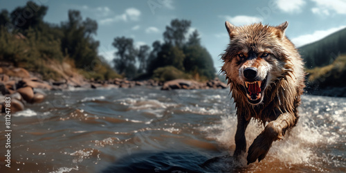L'attaque d'un loup agressif, la gueule ouverte prêt à mordre, traversant une rivière à toute vitesse, image avec espace pour texte.