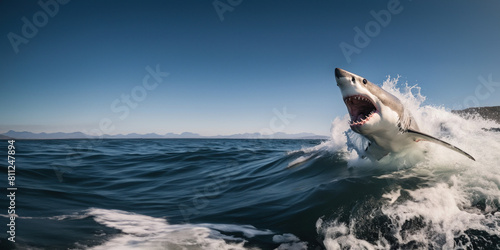 L'attaque d'un grand requin blanc, bondissant hors de l'eau, chassant une proie dans l'océan, ciel bleu magnifique, image avec espace pour texte.