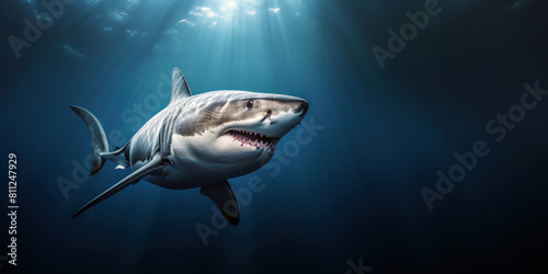 Un grand requin blanc, chassant sous la surface de l'eau, les rayons du soleil traversant l'océan, image avec espace pour texte.