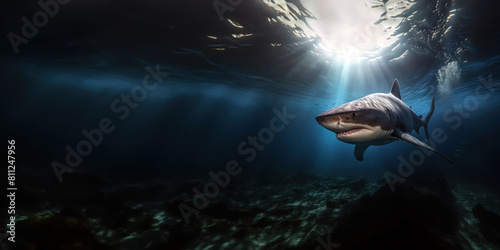 Un requin bouledogue nageant, chassant sous la surface de l'eau, les rayons du soleil traversant l'océan, image avec espace pour texte.