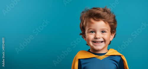 Un enfant de 5 ans, souriant, portant un costume de super-héros bleu avec une cape jaune, arrière-plan isolé, coloré, image avec espace pour texte.