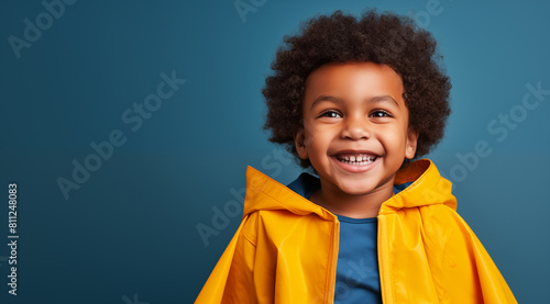 Un enfant noir de 10 ans, heureux et souriant portant une veste jaune, arrière-plan isolé, coloré, bleu, image avec espace pour texte.