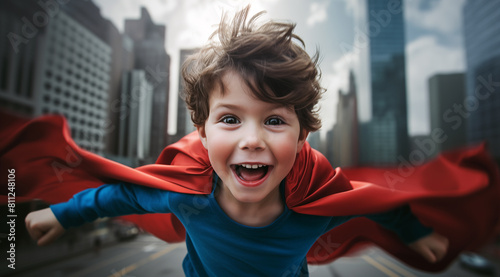Un petit garçon brun, heureux, habillé en Super-héros volant dans les airs, portant un costume bleu et une cape rouge, ville avec gratte-ciel en arrière-plan.