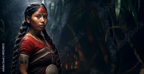 Une jeune femme Maya, cheveux tressés, habillée en costume traditionnel, la nuit, dans la jungle, image avec espace pour texte.