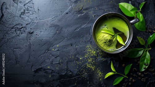 A cup of matcha green tea on a black background with tea leaves scattered around.