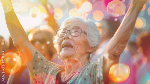 An older woman joyfully raises her arms in the air, expressing excitement and celebration
