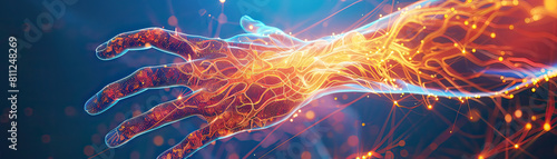 Stunning digital artwork showcasing the anatomy of the human hand with glowing energy flows and vivid orange sparks.