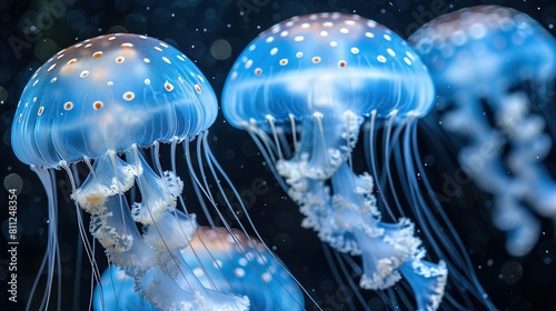  A cluster of blue jellyfish bobbing in water, their transparent heads and legs adorned with air bubbles