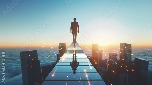 A conceptual image illustrating a professionals journey through the corporate landscape, featuring a briefcase, a winding road leading to a city skyline, and symbolic obstacles and milestones.