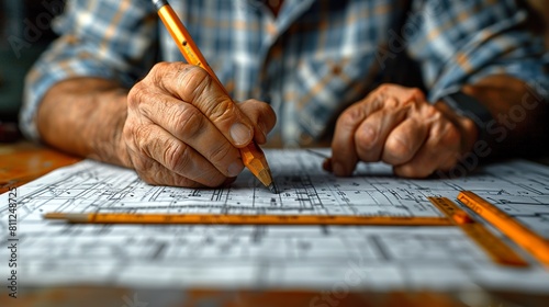 Senior Architect Revising Blueprints on Workspace