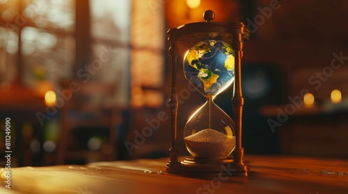 Conceptual shot of an hourglass with the Earth in place of sand, AI Generative hyper realistic 