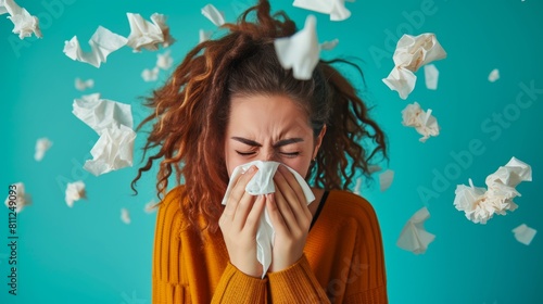 A female sneeze with tissue flying in air due to allergy reaction