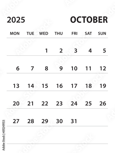 October 2025-Calendar 2025 template vector on white background, week start on monday, Desk calendar 2025 year, Wall calendar design, corporate planner template, clean style, stationery, organizer