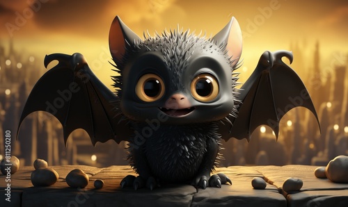 3D illustration of a bat with spread wings.