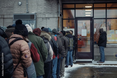 A group of individuals standing in an orderly line outside a building, patiently waiting to enter, A line of people waiting patiently outside the food bank doors