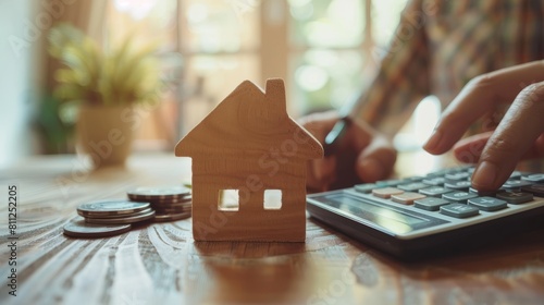 Hand presses calculators, pondering home refinance. Wooden house model, buy or rent note on desk. Saving for property purchase, mortgage payment strategy. Tax, credit analysis for financial success.