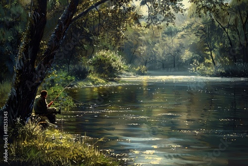 A man patiently fishing on the banks of a river, A lone fisherman patiently waiting on the banks of a tranquil pond