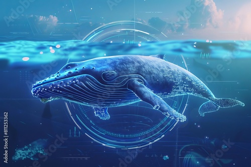 A futuristic 3D trading card featuring an animated whale, set against a holographic ocean background, ideal for an NFT collection