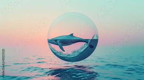 A postcard mockup with a 3D illustrated whale surrounded by a circle of water, creating a window effect on a simple, elegant ocean gradient background