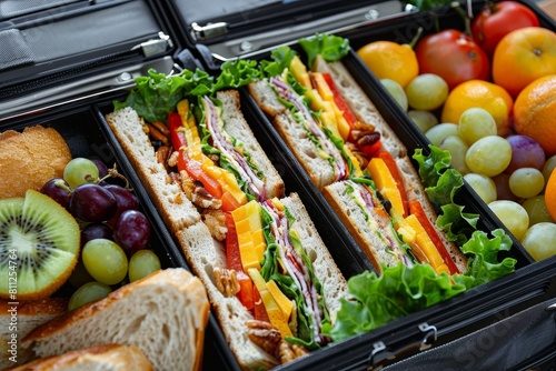 Lunch box filled with sandwiches and fruit on a table, A lunchbox filled with sandwiches, fruit, and snacks