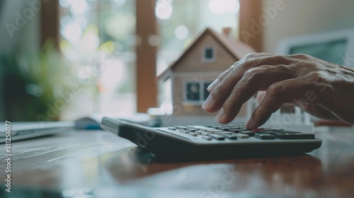 Pressing calculators, hand plans home refinance. House model, buy or rent, calculators on desk. Saving for property purchase, optimal mortgage payment. Tax, credit analysis for financial planning.
