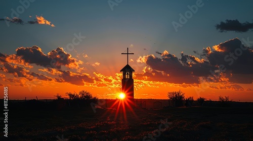 Stunning Sunset Silhouette of Cross and Church Bell Tower in Open Landscape