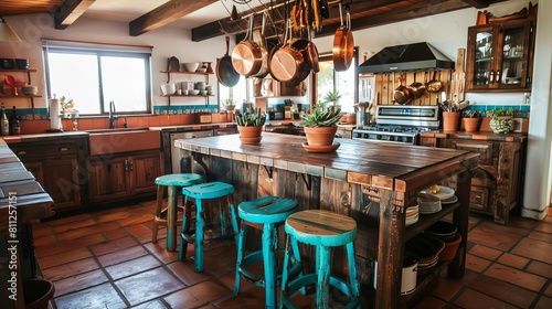 Rustic Southwestern kitchen with dark wood cabinets, terracotta tiles, and hanging copper pans Bright turquoise stools and potted succulents elevate the cozy feel