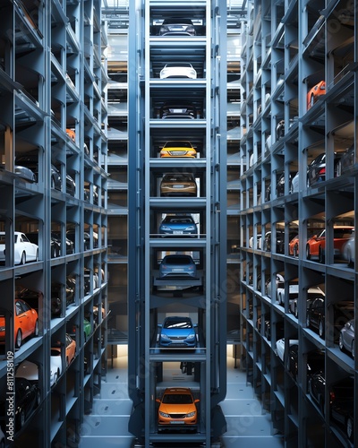 Automated Parking Tower Depict a highdensity, automated parking tower where cars are stacked vertically and retrieved by robotic systems, maximizing space efficiency in urban centers