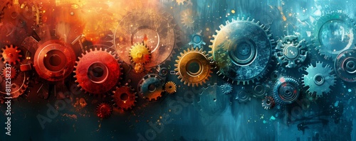 A bunch of gears in a colorful background, representing the teamwork and cooperation.