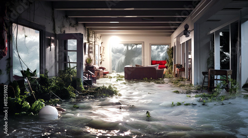 Flooded private house Interior. Climate change and natural disasters concept.