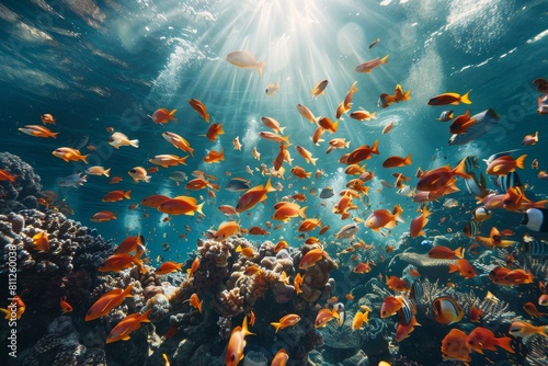 A large school of fish swimming together over a vibrant coral reef in the ocean, A magical underwater kingdom with swirling schools of fish