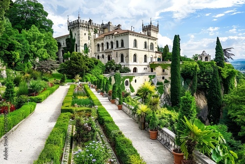 A large white building stands tall surrounded by vibrant green trees in a picturesque setting, A majestic castle perched on a hilltop, surrounded by lush gardens