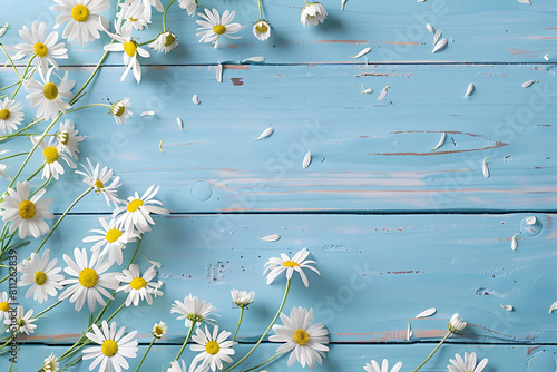 Daisy flowers on light blue shabby wooden background for mockup. Painted teal old rustic wooden table with daisies. Top view, flat lay. Abstract texture with copy space for banner, mockup, poster