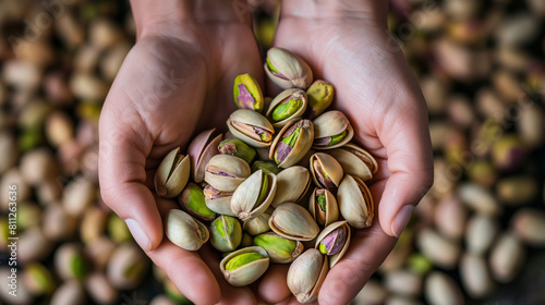 A handful of pistachios in hands against the background of a pile of pistachios