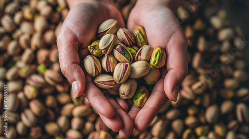 A handful of pistachios in hands against the background of a pile of pistachios