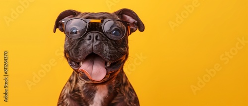 Cheerful pug dog wearing eyeglasses, tongue out in excitement against a vibrant yellow background.