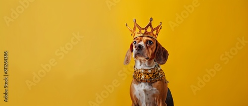 Regal Beagle wearing a golden crown and leopard print cloak against a matching yellow background, exuding majesty.