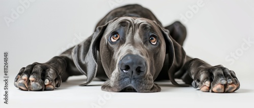 A poignant portrait of a Great Dane lying down, gazing soulfully at the camera, its expressive eyes conveying depth and emotion.