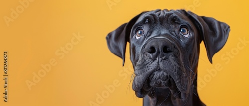 A young Great Dane with an attentive expression stands out against a bright yellow background, emphasizing its curious gaze and sleek coat.